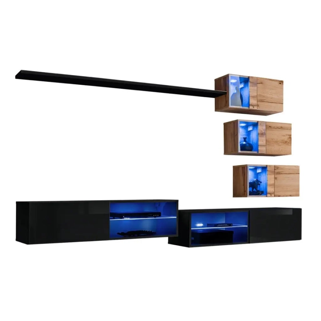 Set mobili da soggiorno SWITCH XXIV – LED – Nero e Rovere – Composizione murale design