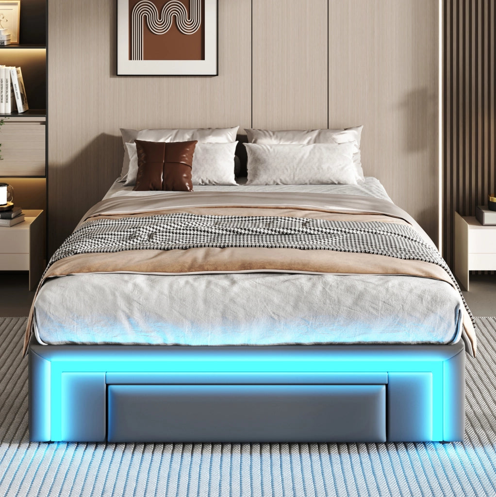 Letto imbottito 90x200 cm con cassetti e LED RGB; senza testiera; PU grigio