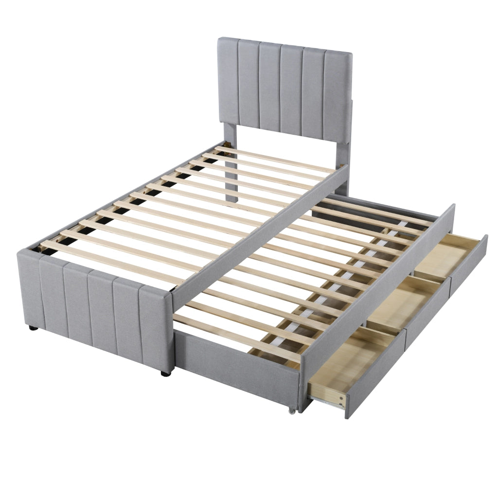 Letto singolo 90×200 cm con letto estraibile; 3 cassetti e rete; senza materasso; imbottito; grigio