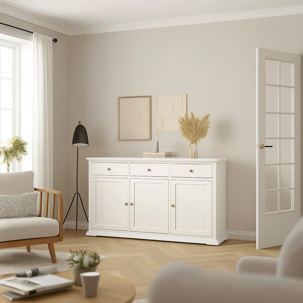 Credenza Asola, Buffet da soggiorno, Madia da salotto, Dispensa da cucina, 144x46 h92 cm, Bianco