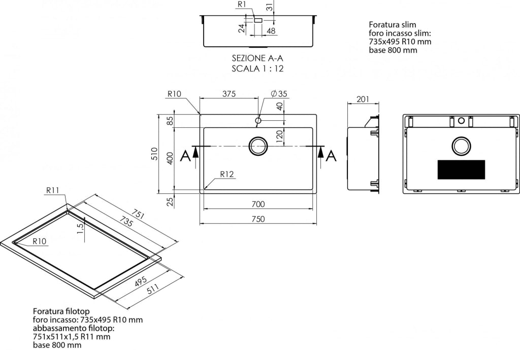 Lavello da incasso in acciaio inox, una vasca con foro per miscelatore 75x51cm Coveh