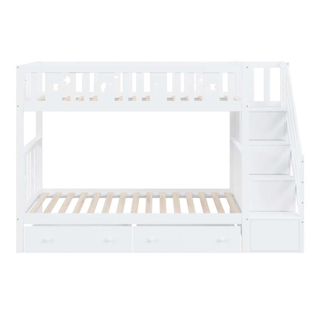 Letto a castello 90x200 cm in legno con scala contenitore e 2 cassetti