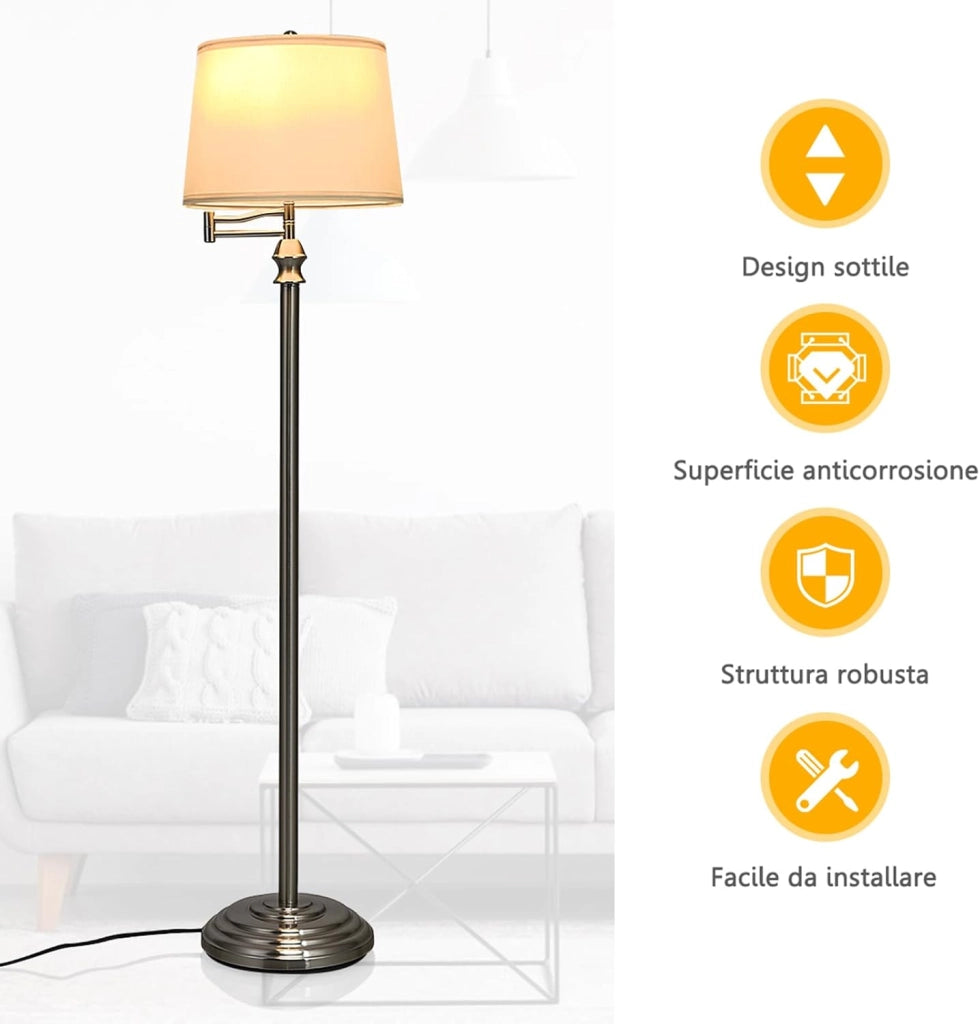 Lampada da Terra Design e Vintage, Lampada a Stelo da Terra con Braccio Girevole, Ideale per Soggiorno, Camera da Letto e Studio, Argento