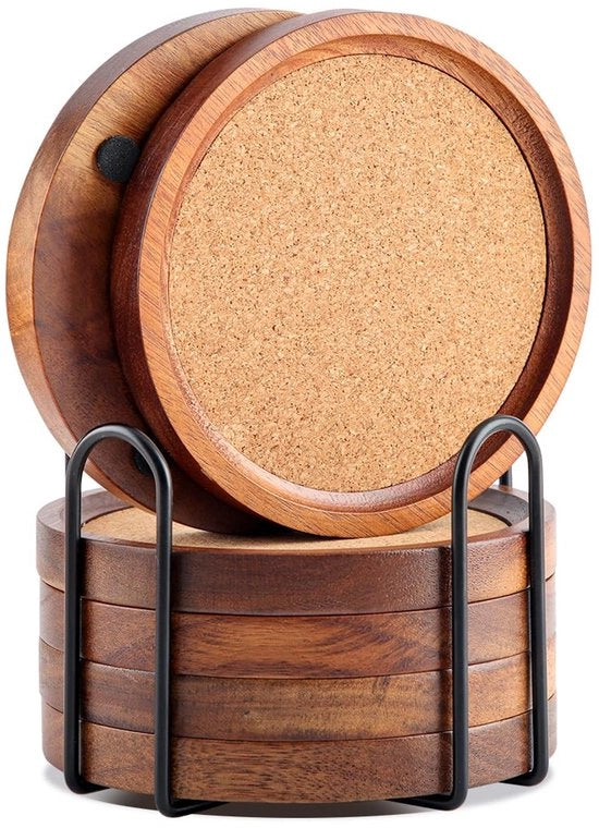 Set di supporti in legno per bicchieri, 12 cm supporti in gomma per bicchieri, set da 6 per bicchieri, bar, tazze, supporti da tavolo, supporti per bicchieri con asta, set per bicchieri