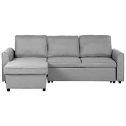 Divano letto ad angolo imbottito in tessuto grigio con orientamento a versione destra con letto contenitore