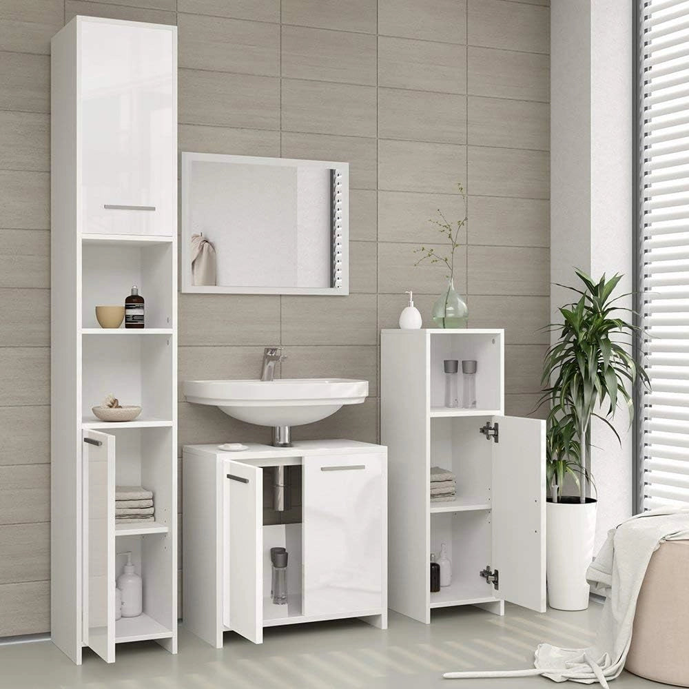 Mobile sottolavabo per bagno Kiko, Bianco lucido/bianco, 58 x 60 cm, con ritaglio per sifone e spazio di stoccaggio per l’organizzazione del bagno