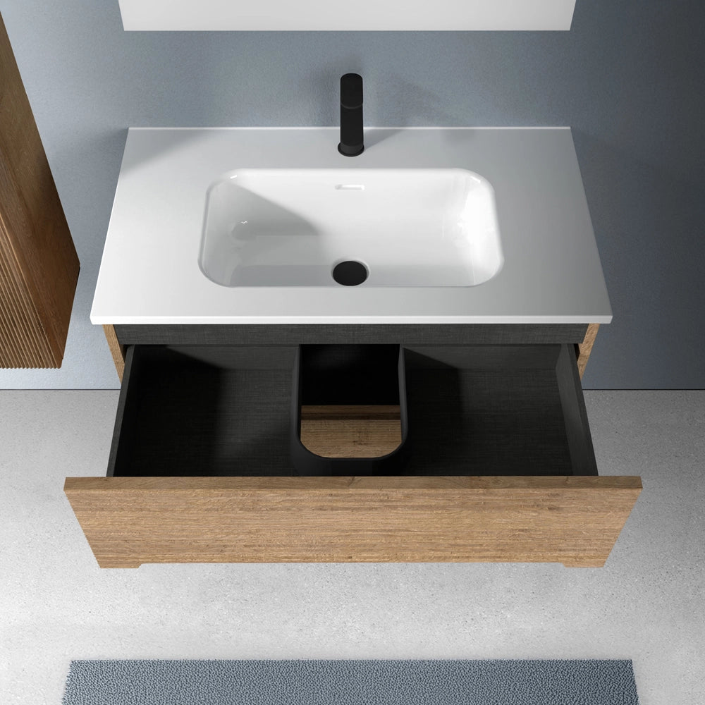 Mobile bagno sospeso 60 rovere cannettato 2 cassetti lavabo e specchio Rigo