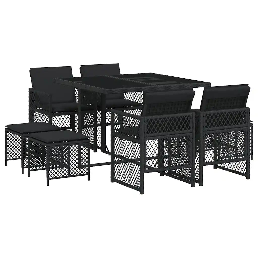 Set da Pranzo da Giardino 9 pz | Set Salotto da Giardino con Cuscini Nero in Polyrattan