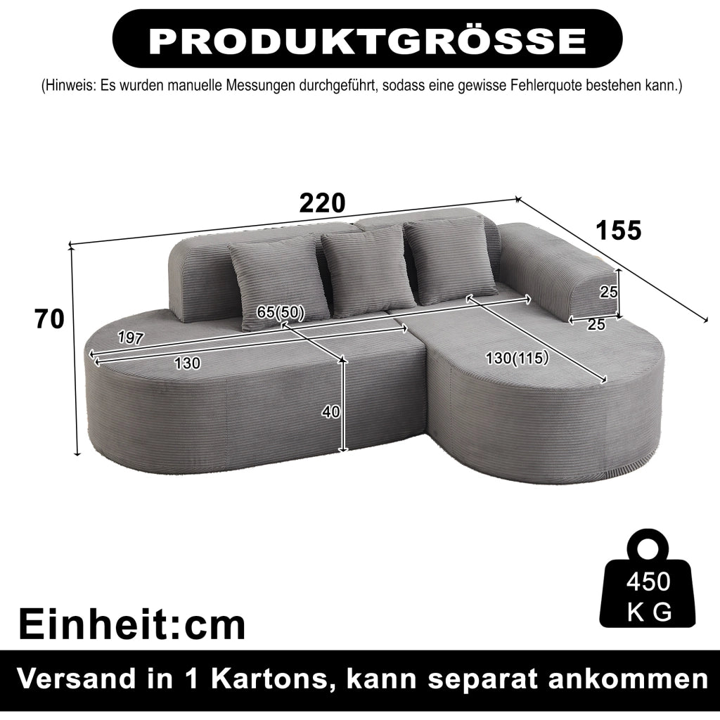 Divano angolare con chaise longue curva e 3 cuscini in velluto a coste grigio 220×155×70 cm