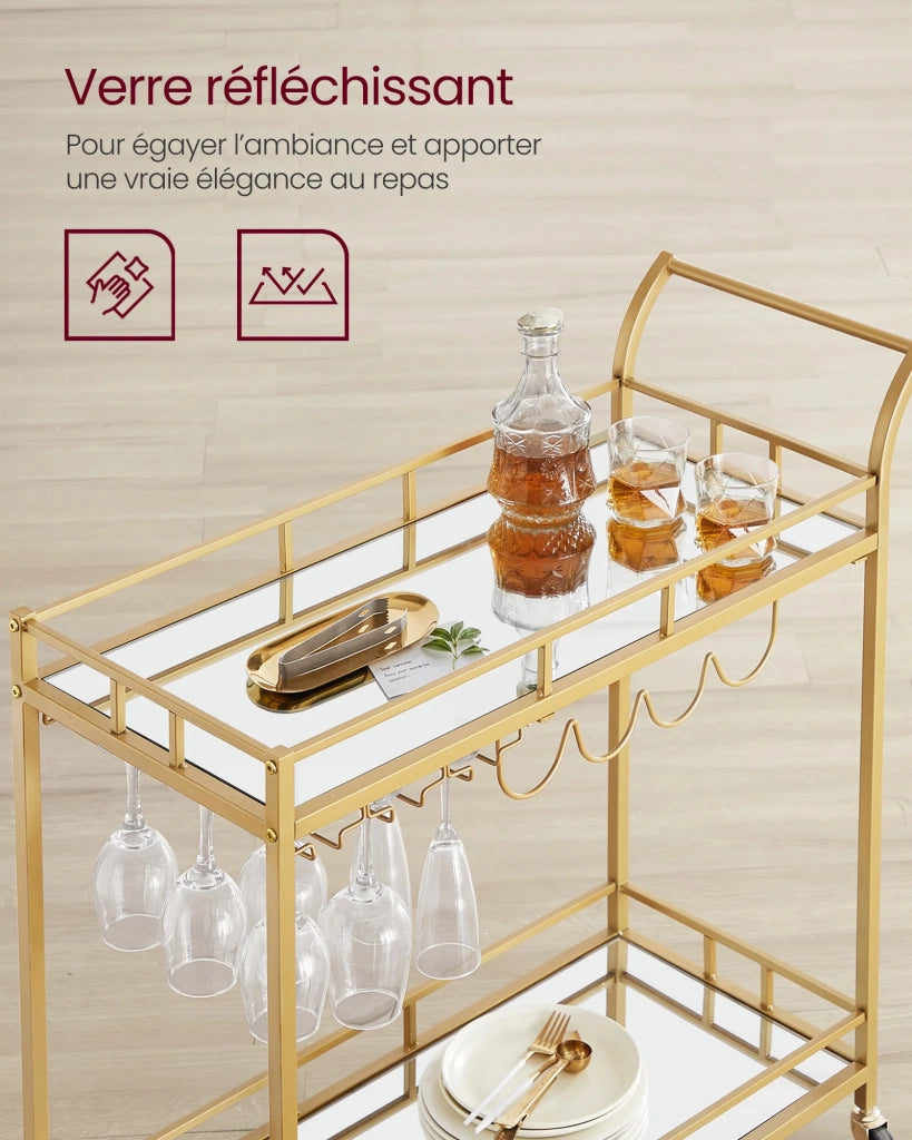 Carrello portavivande su ruote 38 x 80 x 90 cm mobile da cucina a 2 ripiani in vetro riflettente con portabottiglie e portabicchieri per bar cucina sala da pranzo oro 12_0005302