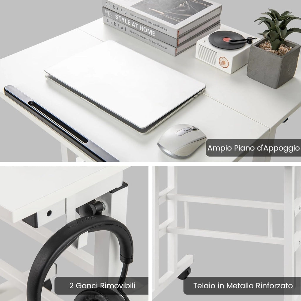 Scrivania per Computer Regolabile in Altezza, Scrivania Salvaspazio con Ruote e Ganci, Tavolo Porta PC per Studio e Ufficio, 60 x 60 x 72-124 cm (Bianco)