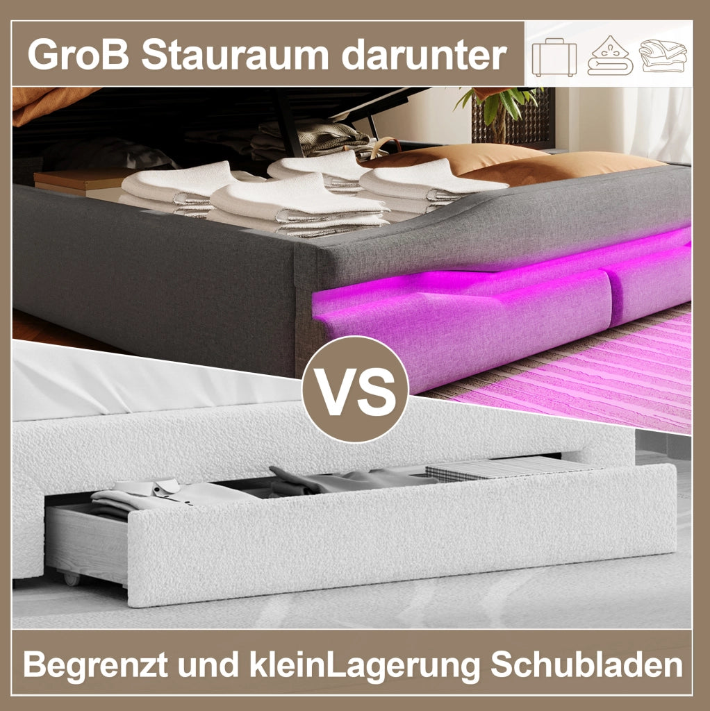 Letto imbottito 140x200 cm con LED, USB-C e vano contenitore