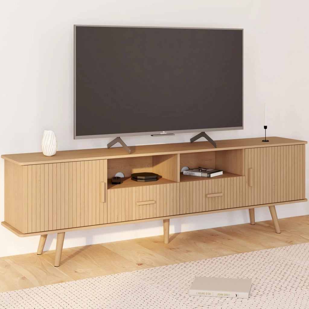 Mobile TV JULIETTE 180 cm con 2 ante e 2 cassetti, doghe in legno color rovere