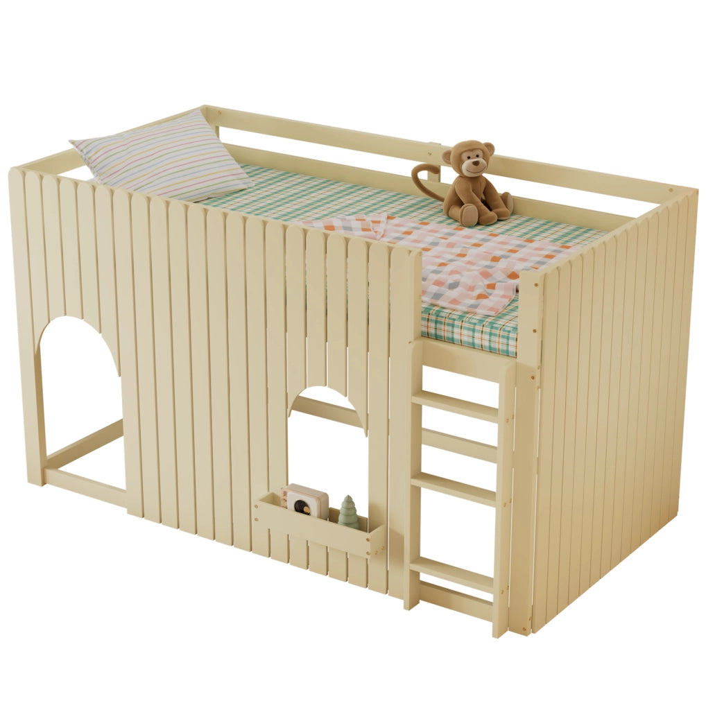 Letto a soppalco 90x200 cm con LED e scala a 3 gradini in legno e MDF naturale