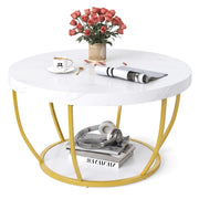 Tavolino 2 ripiani metallo resistente legno finto 80cm-Tavolino rotondo soggiorno sala d'attesa decorativo Bianco