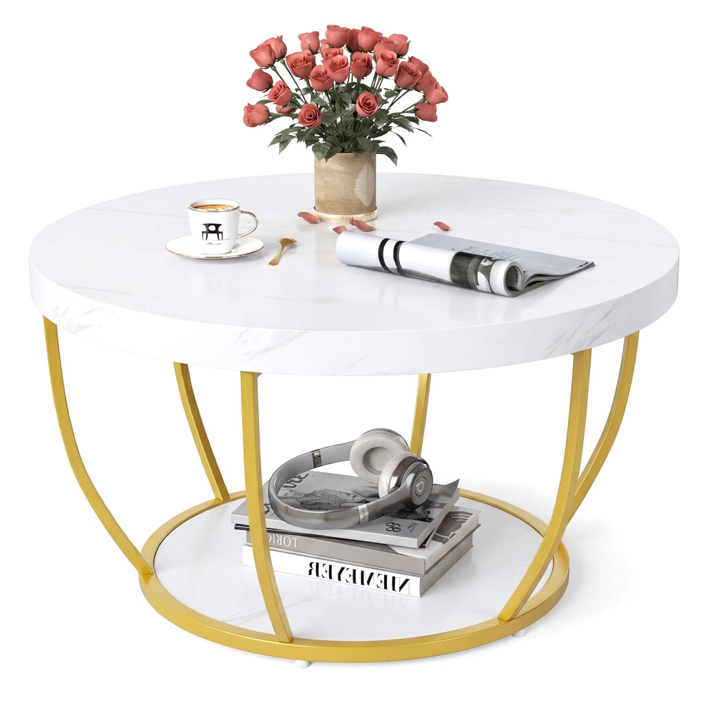 Tavolino 2 ripiani metallo resistente legno finto 80cm-Tavolino rotondo soggiorno sala d'attesa decorativo Bianco