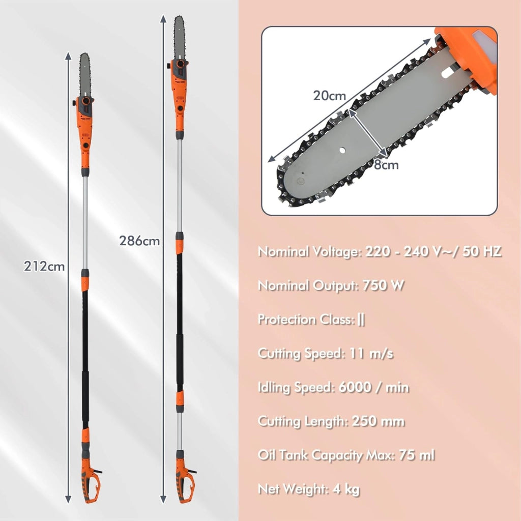 Potatore Telescopico Elettrica 750W, Sega Potatrice, Lama 20 cm di Lungezza e 60° di Inclinazione, Lunghezza Regolabile 212-286 cm, Velocità di Taglio 11 m/s