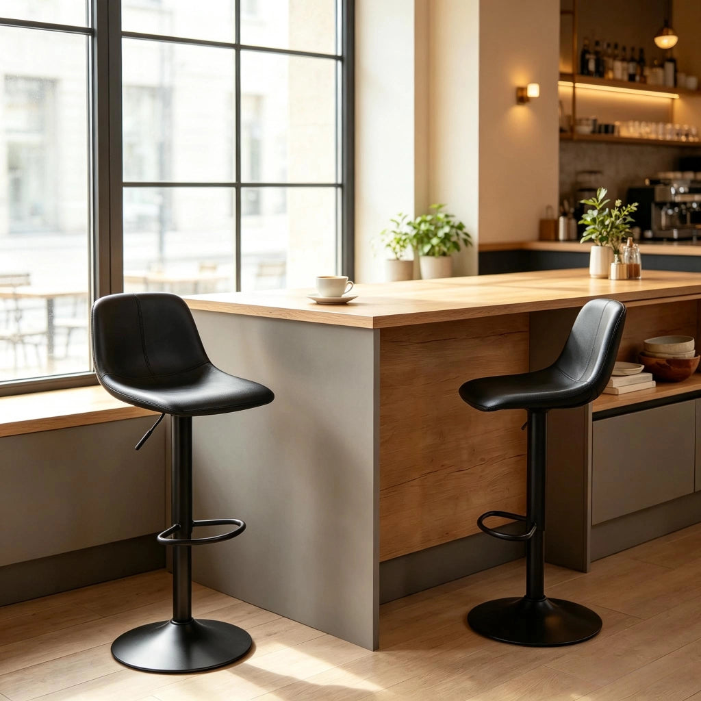 Sgabelli da bar girevoli a 360°, 2 pezzi regolabili in altezza con poggiapiedi, rivestimento in PU nero e base in acciaio