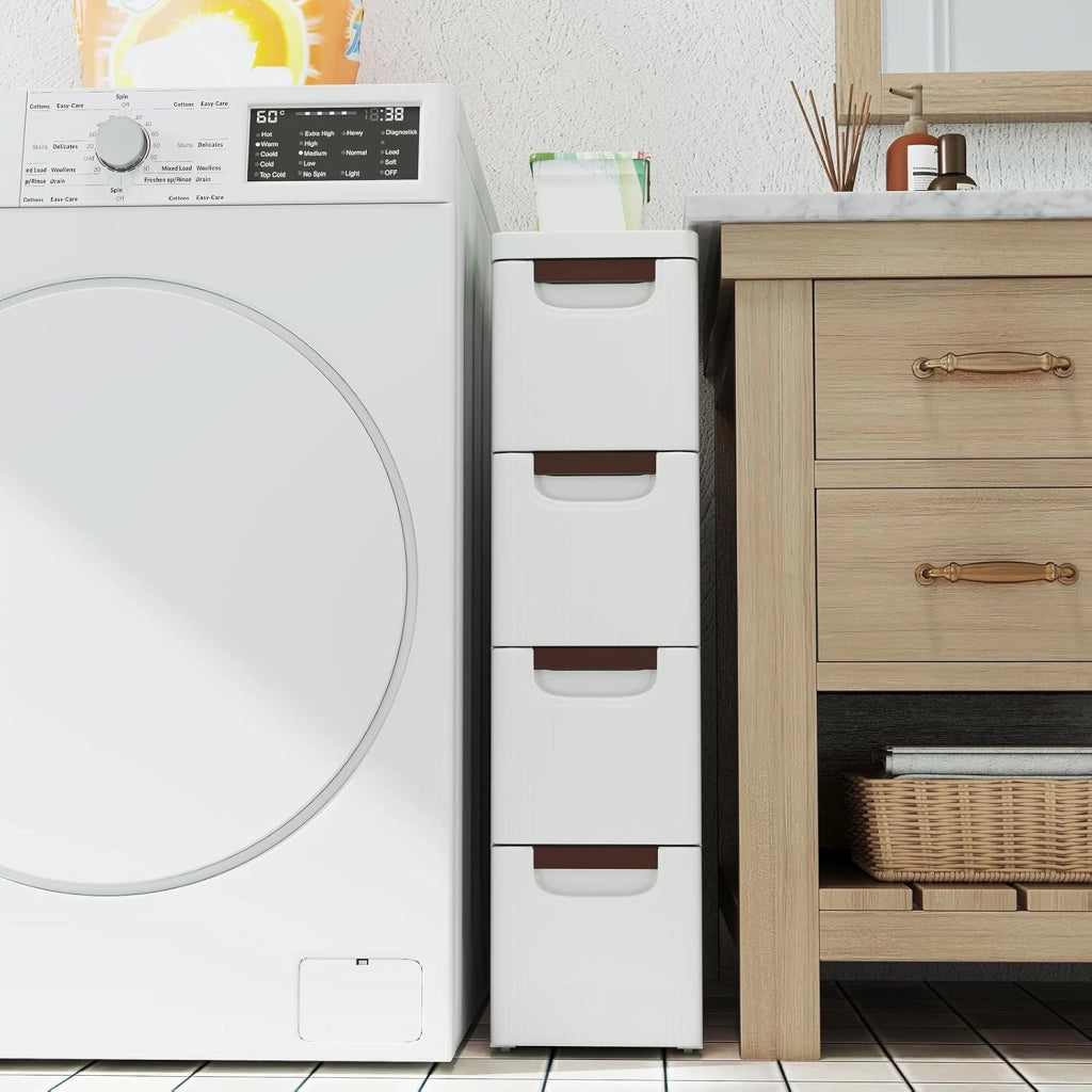 Mobiletto Stretto con Ruote, Carrello e Organizzatore Slim con 3/4/5/6 Cassetti per Spazi Piccoli, Cassettiera di Plastica per Soggiorno, Bagno, Cucina, Bianco (42 x 19 x 74 cm)
