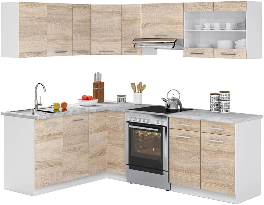 Cucina ad angolo Rick, Bianco/Sonoma, 230 x 60 cm, PL Marmo, con moduli regolabili e piedini ad altezza variabile