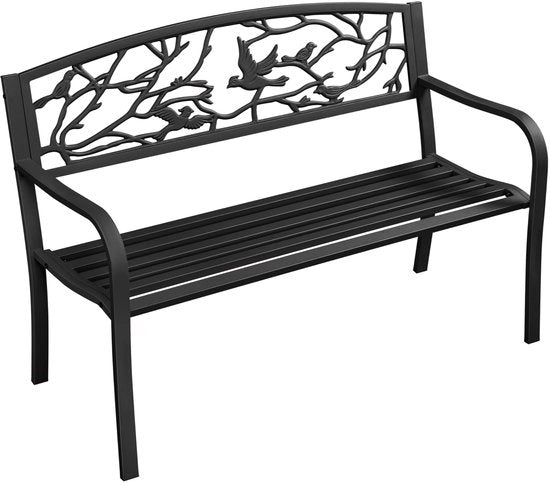 Banca esterna per 3 persone, banca metallica, banca da giardino, banca all'aperto, banca in acciaio con stile retro, con schienale e braccioli, per cortile, giardino, terrazza, balcone, caffè, nera