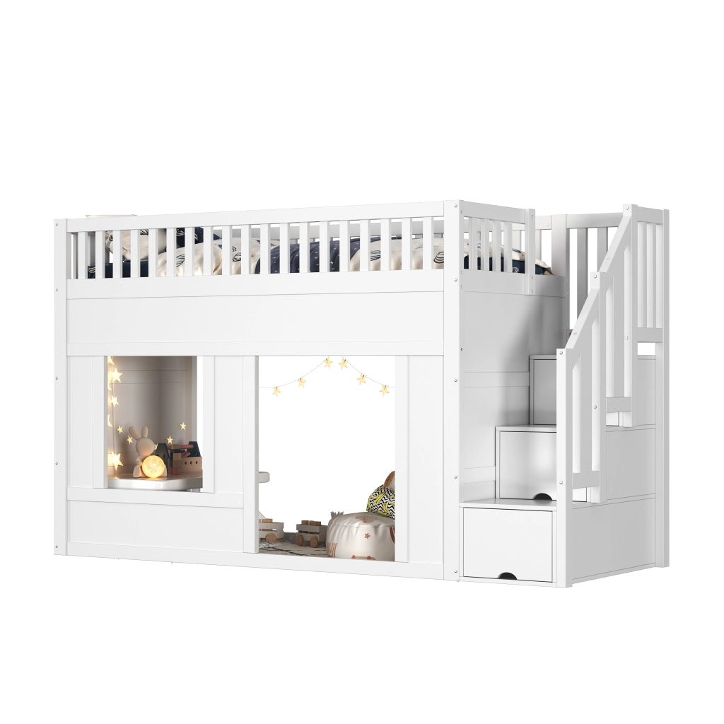 Letto a castello 90×200 cm 1 posto letto con scala contenitore e spazio gioco; senza materasso; in legno e MDF bianco