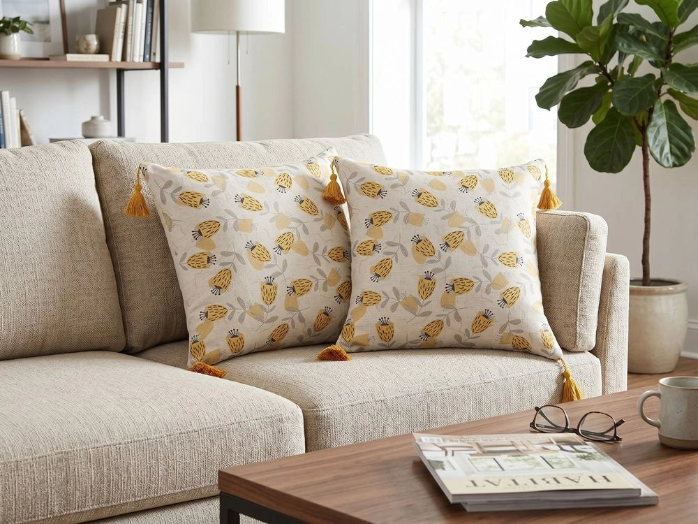 Set di 2 cuscini in poliestere di colore giallo e beige 45 x 45 soggiorno camera da letto