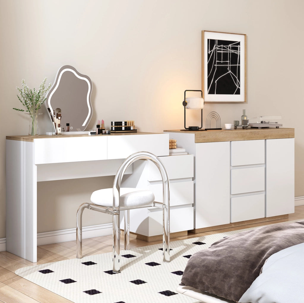 Tavolino da trucco classico con 5 cassetti; in truciolare E1; bianco e rovere