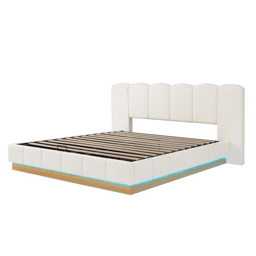 Letto matrimoniale 180x200 cm con contenitore idraulico, testiera imbottita, LED e rivestimento Bouclé bianco