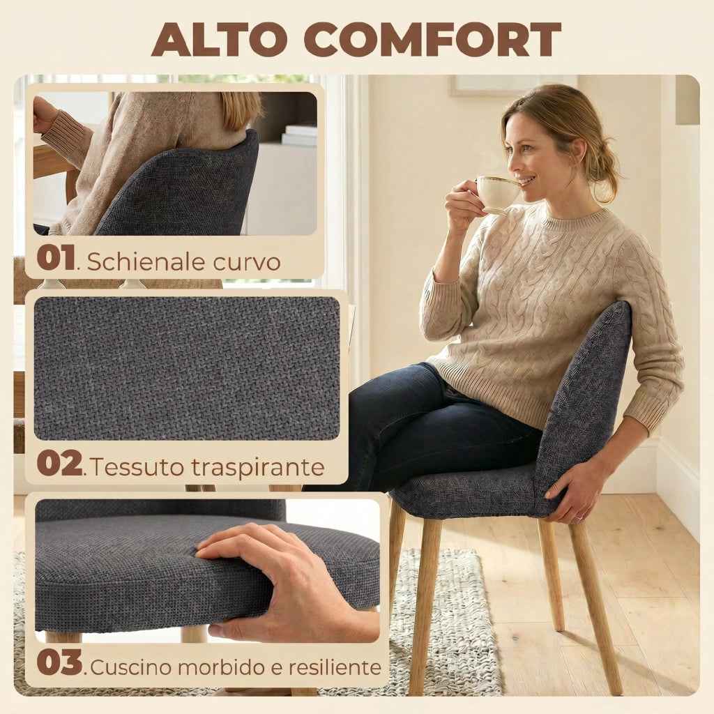 Set di 2 Sedie Pranzo Imbottite con Gambe Legno Hevea. Tessuto Grigio Chiaro