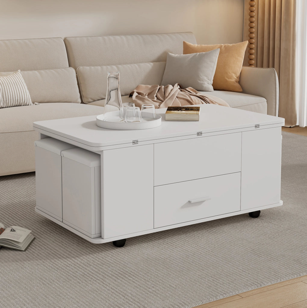 Tavolino da salotto sollevabile e allungabile con 4 sgabelli; 100x50 cm; bianco