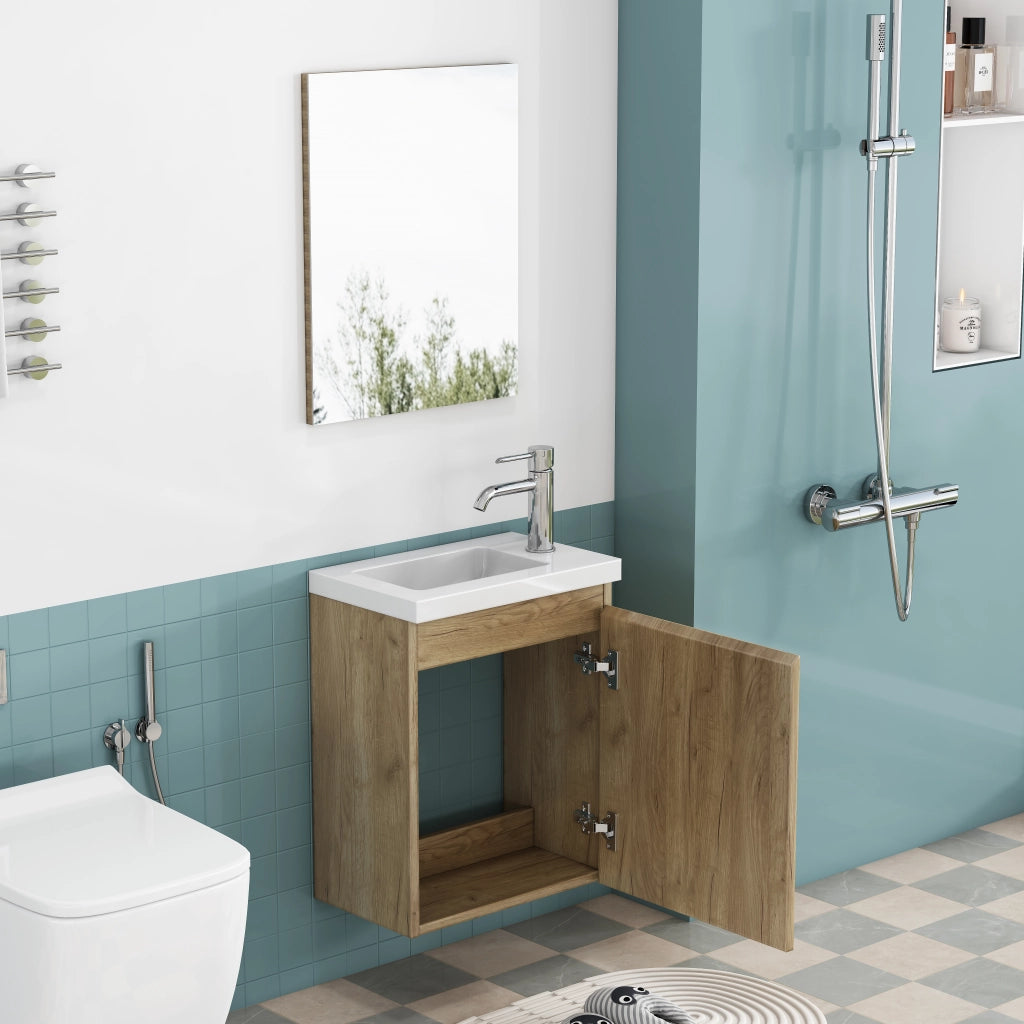Mobile bagno sospeso con lavabo in ceramica e specchio; chiusura ammortizzata; per bagno; rovere; 45×34×58 cm