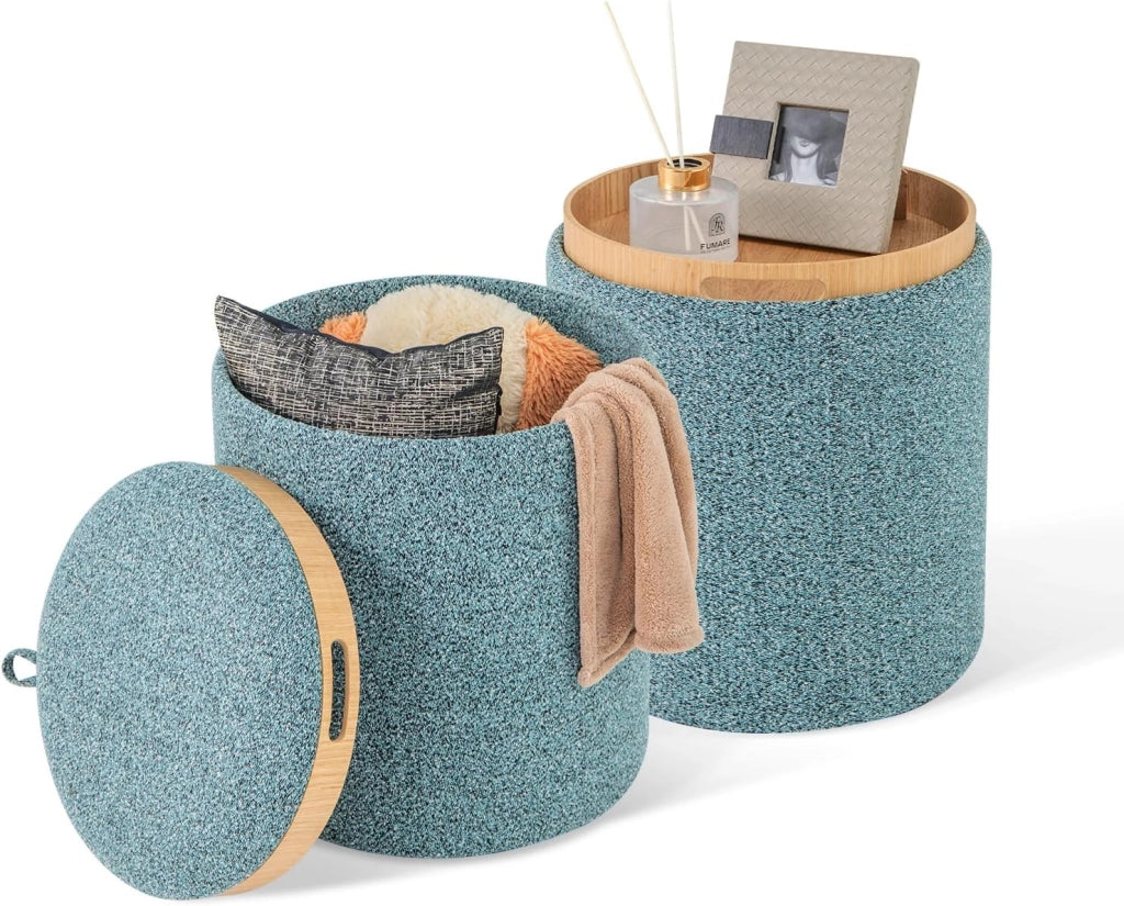 Set di 2 Pouf Contenitore, Pouf Rotondi Imbottiti da 41L+25L, con Vassoio Reversibile, Sgabello Contenitore Multifunzionale per Soggiorno, Camera da Letto, Portata 160 kg