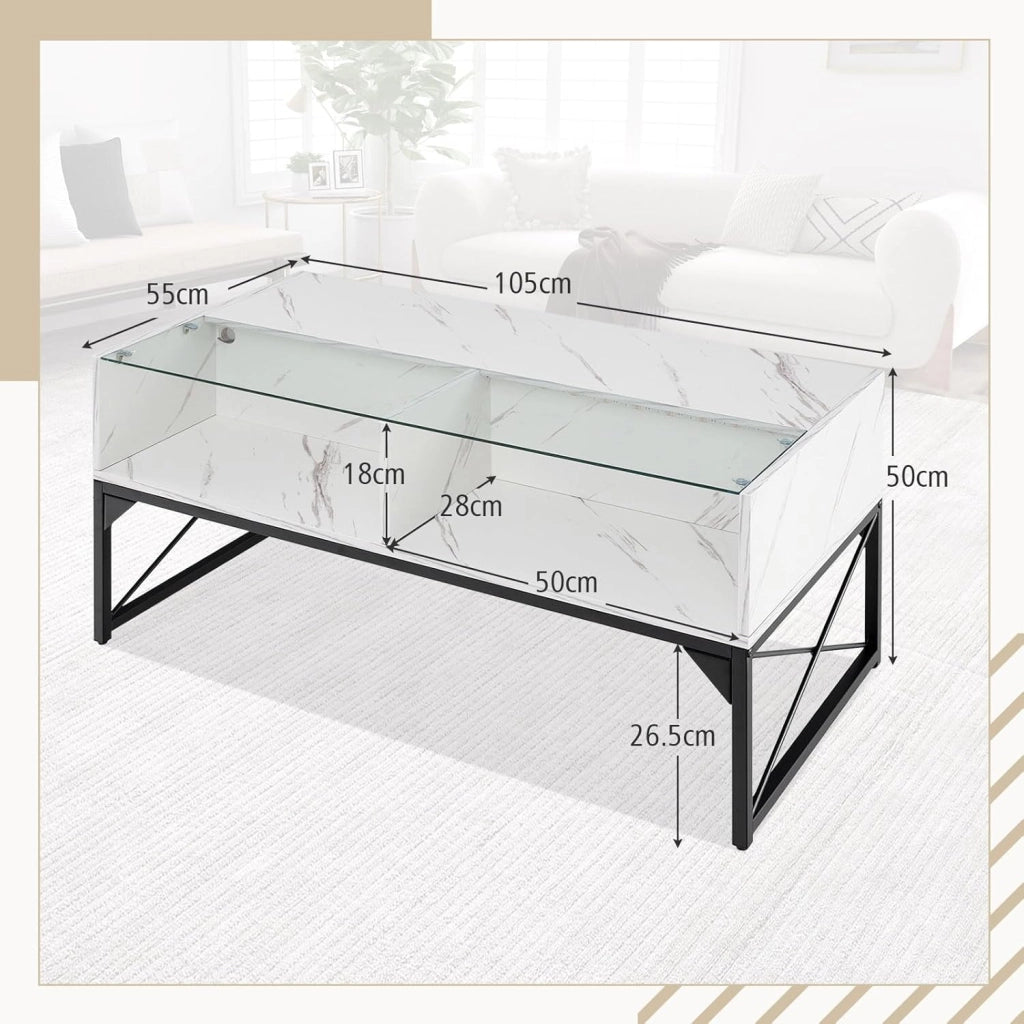 Tavolino da salotto moderno con luci a LED regolabili e 4 cubi, tavolo da salotto moderno con piano in finto marmo e vetro temperato, telecomando incluso, bianco/nero (bianco)