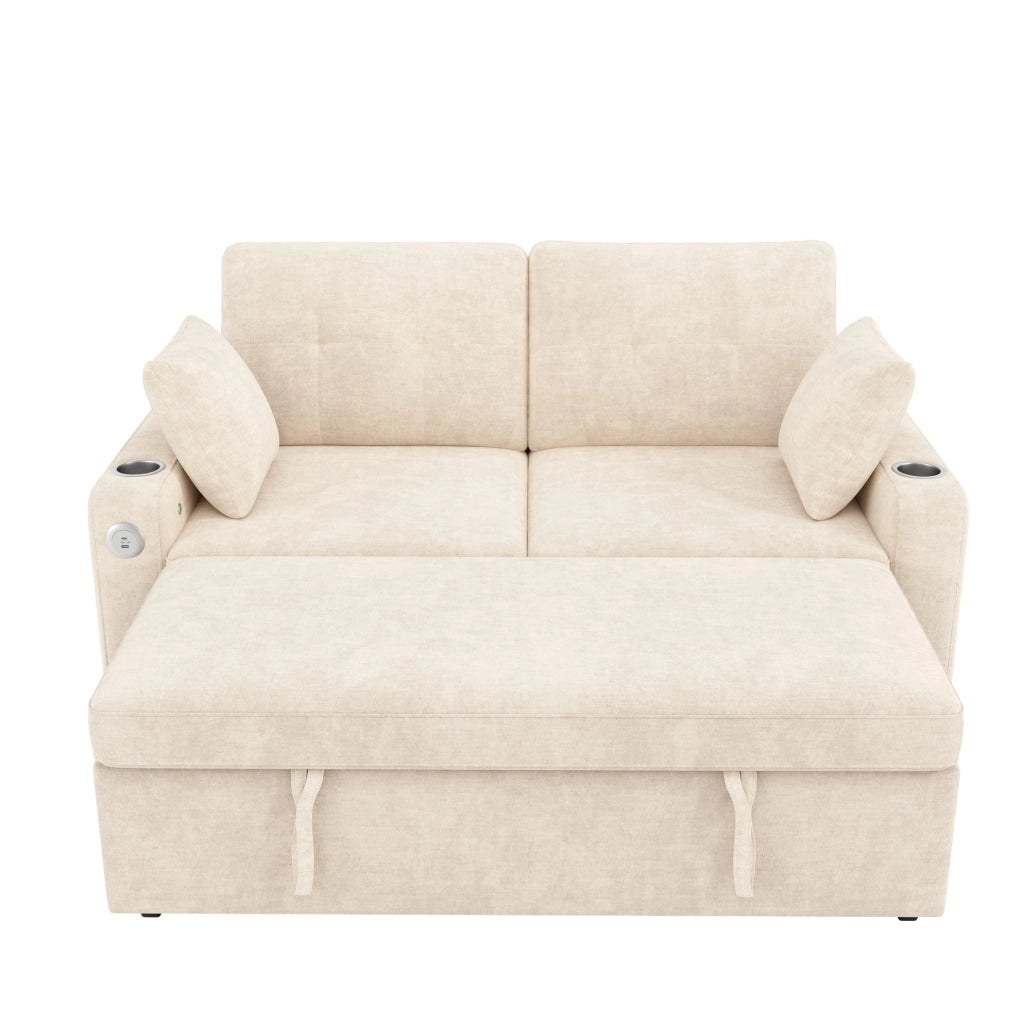 Divano letto 2 posti ULEVR con LED, porte USB e Type-C, vani nei braccioli e portabevande, beige