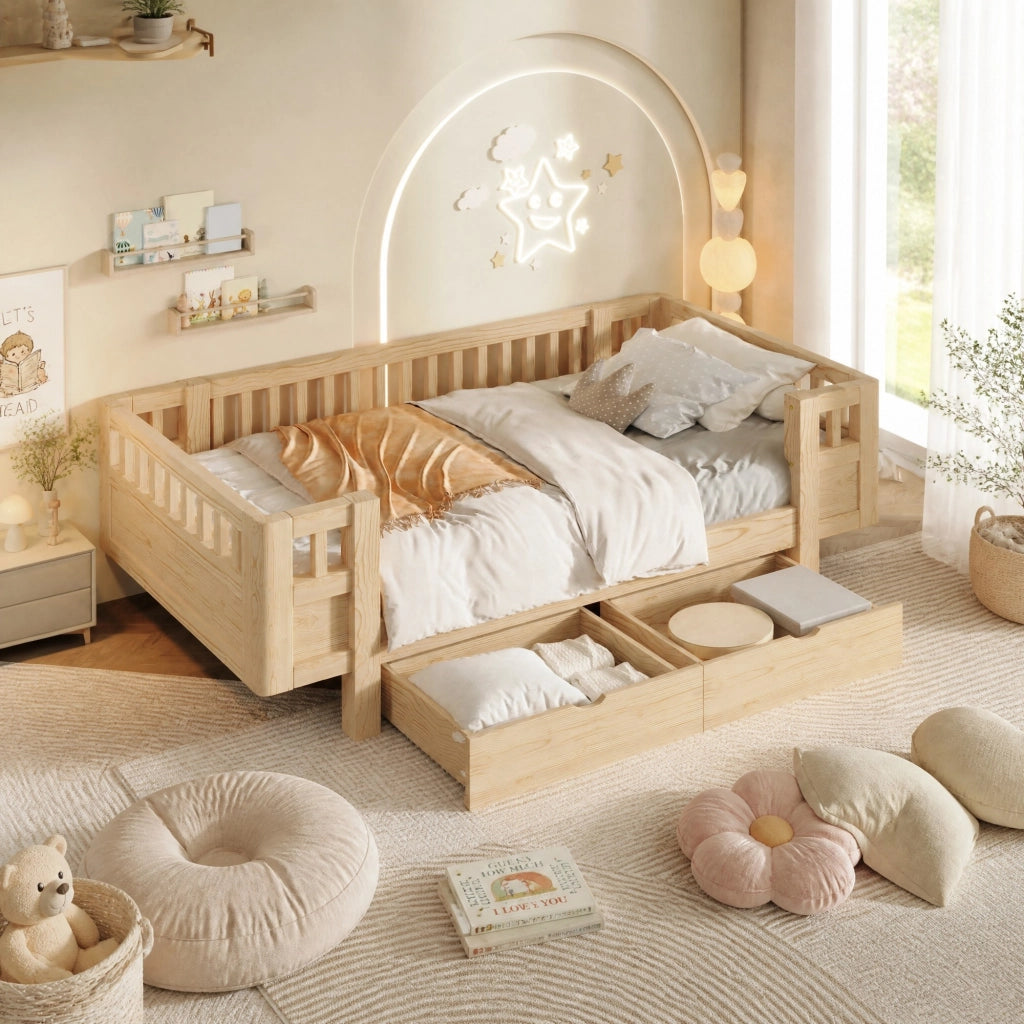 Letto a piattaforma con spondale di sicurezza e due cassetti, in legno, colore legno, per cameretta, 90 × 200 cm