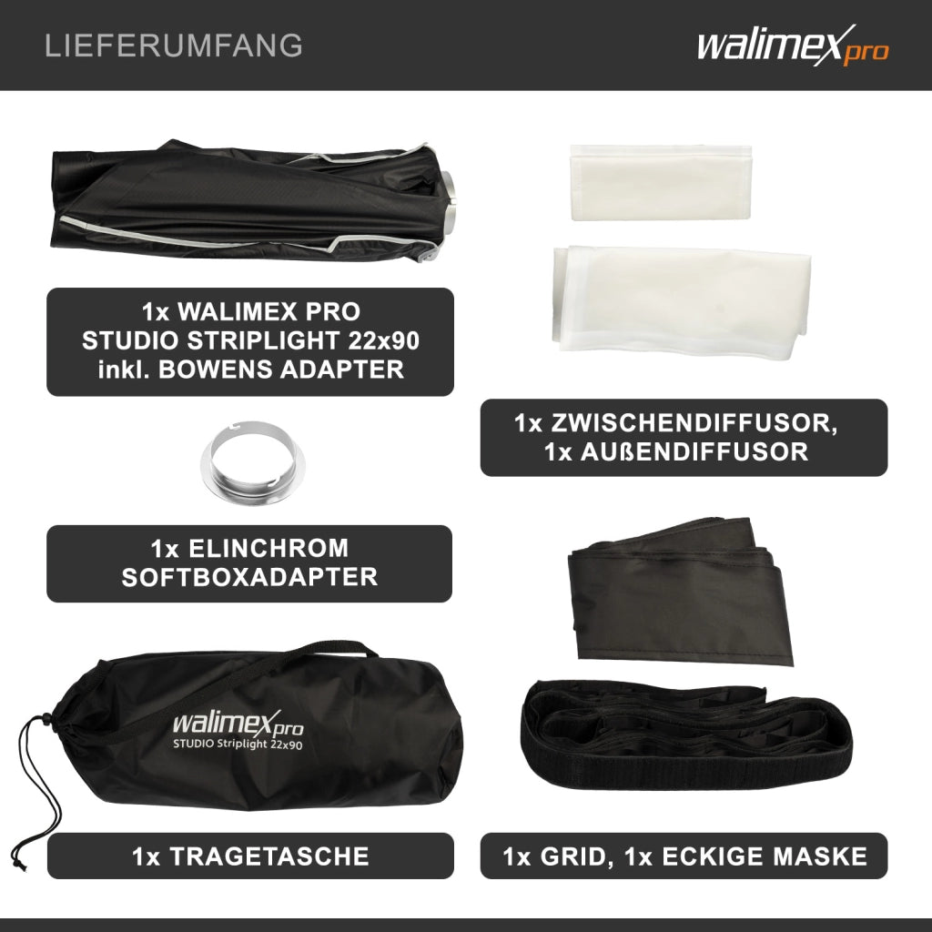Studio Striplight Softbox 22x90cm + adattatore softbox per Elinchrom (diametro esterno: 15,2 cm), ruotabile a 360°, facile da montare grazie alla funzione ombrello, inclusa griglia