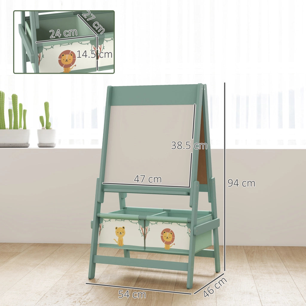 Lavagna per Bambini 3 in 1 54x46x94 cm con Cavalletto Rotolo di Carta e 2 Cestelli in Legno Verde