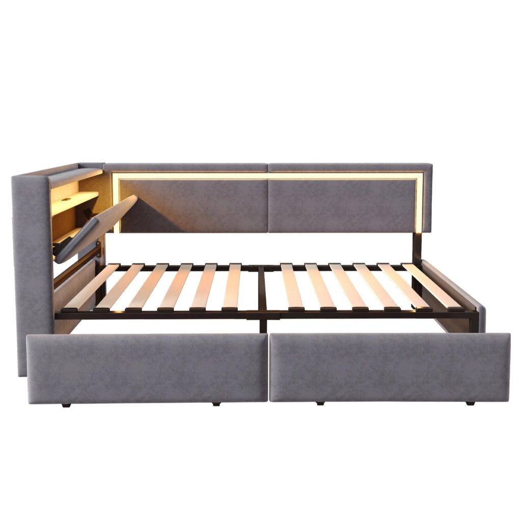 Divano Letto Imbottito 90x200 cm con LED, USB, Testiera Contenitore e Cassetti, Velluto Grigio Scuro