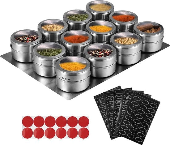 Set di contenitori magnetici per erbe 12 pezzi Bocchette di metallo inox trasparenti con chiusura magnetica Contenitori di conservazione adesivi per frigorifero con 1 cassetta, 5 etichette per erbe e 12 pezzi per la cucina