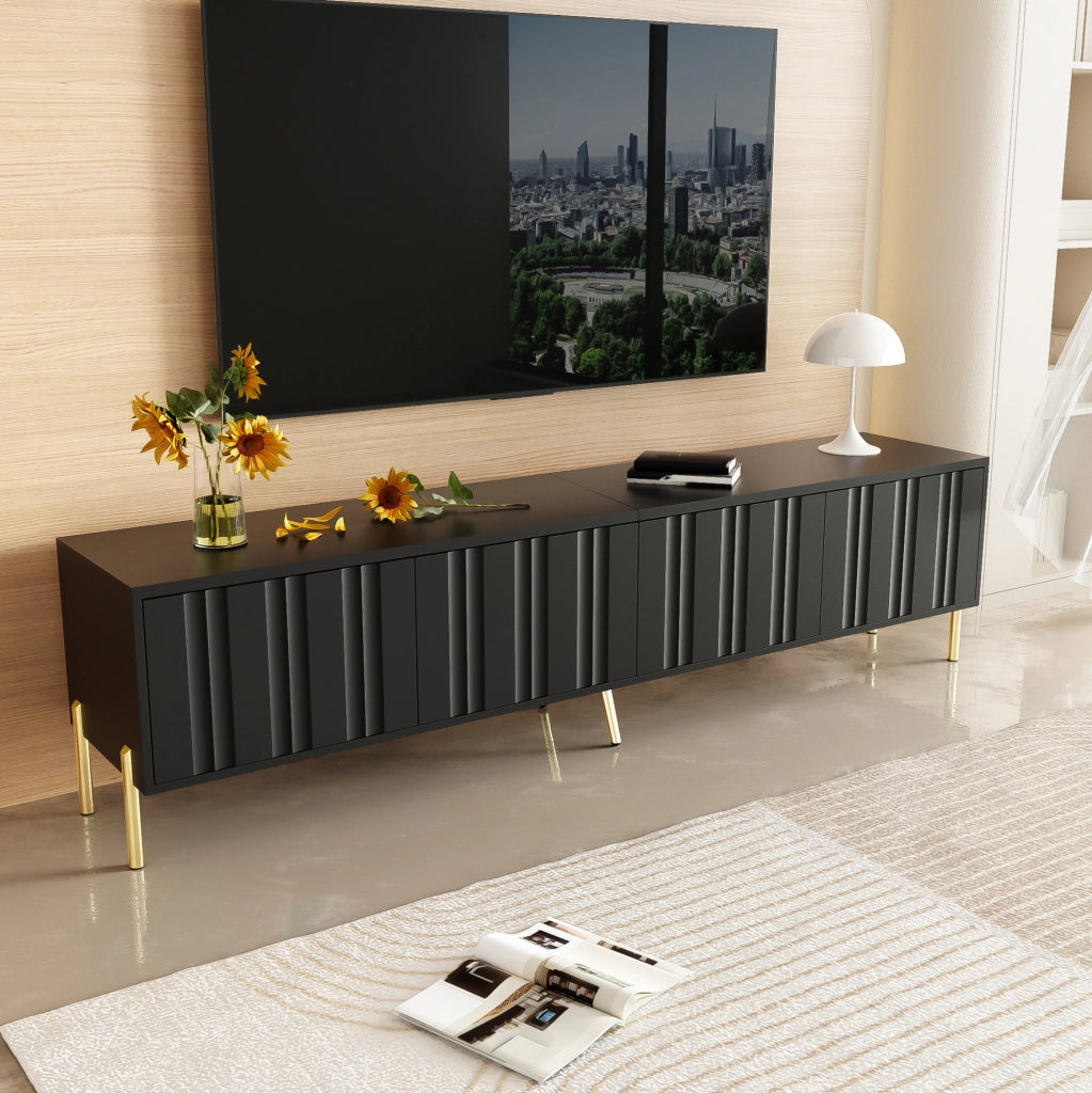 Mobile TV nero 190 cm con 4 ante, ripiani interni e piedini dorati