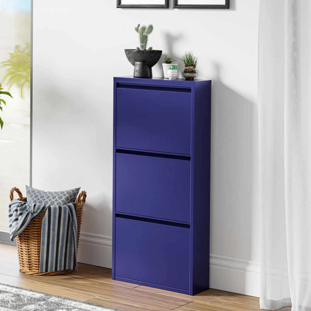 Scarpiera Sokndal con 3 Contenitori Ribaltabili Portascarpe in Metallo - Blu Notte [en.casa]
