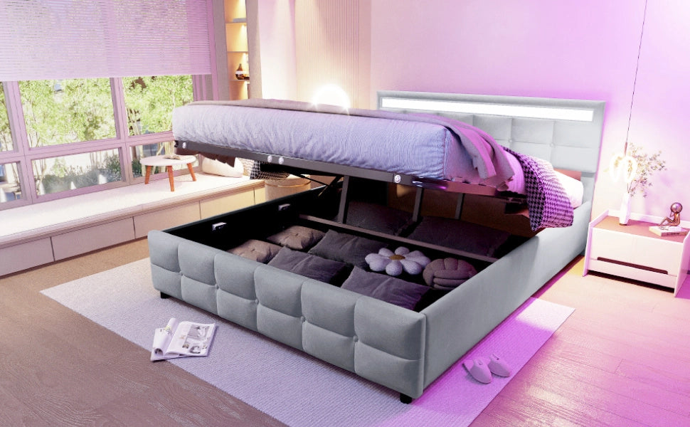 DESMIU Letto contenitore 180 × 200 cm 2 posti con LED, rete sollevabile, senza materasso, in velluto, grigio
