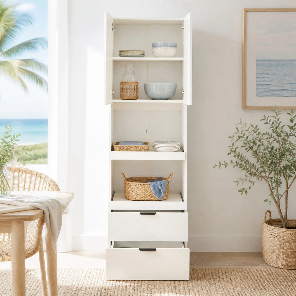 Armadio cucina multifunzione bianco con 1 anta, 2 ripiani aperti e 2 cassetti, 59,5 x 45 x 200 cm