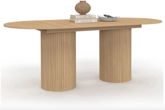 Tavolo da pranzo ovale estendibile per 6-10 persone con gambe cilindriche in legno 160-200 cm - Design moderno - Finitura in legno - Mobili per soggiorno - Costruzione duratura - Finitura lussuosa - Interni senza tempo - Adatto per uso quotidiano