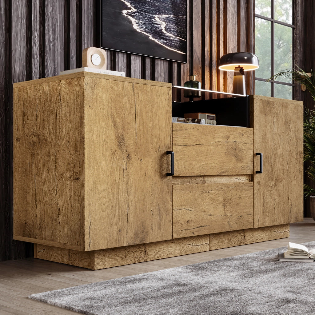 Chest of drawers in oak look - Zephmum- 2 drawers + 2 cabinets, height-adjustable, black handles