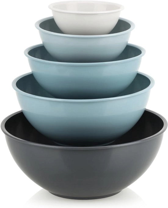Set di Ciotole per Mescolare a 5 pezzi - Materiale BPA libero - 5 Misure - Piatti Resistenti al Lavastoviglie per Cottura, Insalate e Servizio - Beige/Blu/Grigio