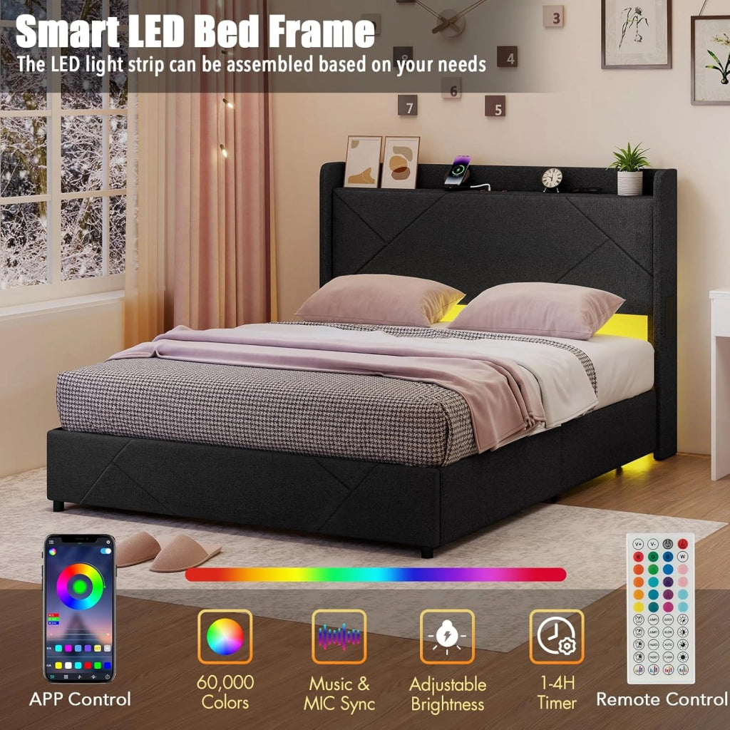 Telaio letto 140 x 200 cm con illuminazione a LED, letto matrimoniale con presa e stazione di ricarica, telaio imbottito con rete a doghe, letto imbottito con 4 cassetti pieghevoli e 2 tasche