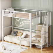 OKWISH Letto a soppalco 90×200 cm, Letto Singolo con Scala di Sicurezza, Mensole e Armadio, senza Materasso, in Metallo, Bianco