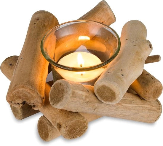 Sostegno per candela in legno artigianale - Candelabro rustico per decorazione da tavola e regalo
